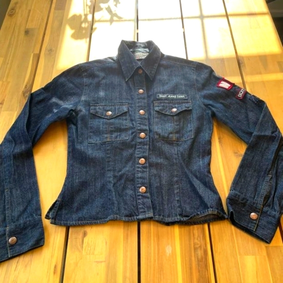 Dkny Y2k Blue Jean Patch Button Up Shacket Fitted Semi Crop Long Sleeve Xs - Picture 1 of 5